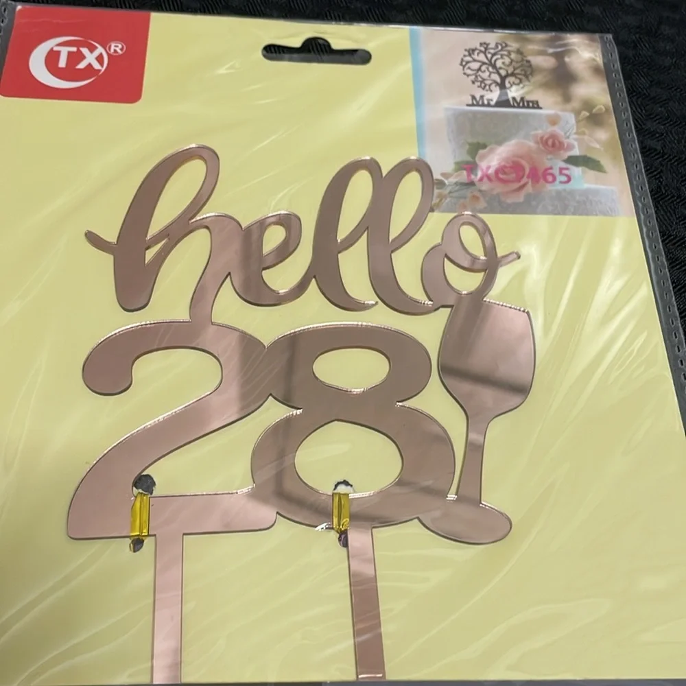 CTX Acrylic Hello 28 Cake Topper - Rose Gold Acrylic Decoration NIP 7” H X 5” W